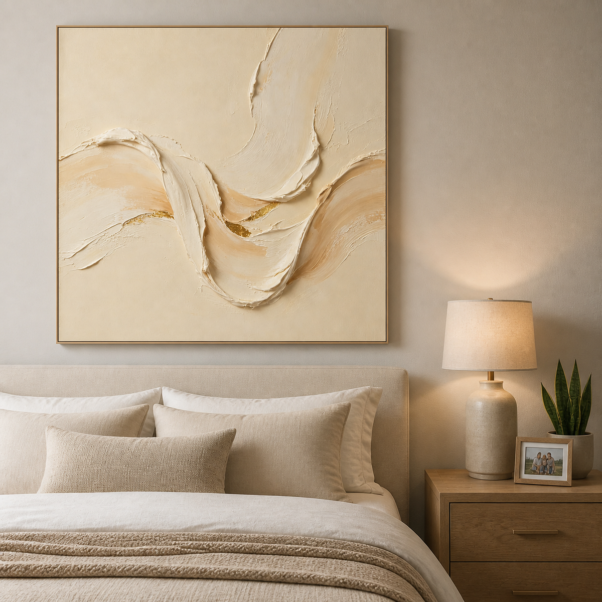 Square neutral textured wall art with flowing ivory and cream sculptural forms and gold accents displayed above a wooden dining table.