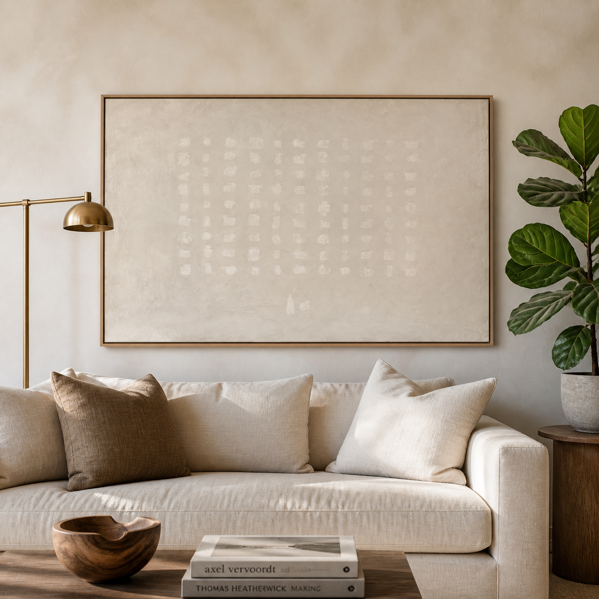 Neutral ivory textured wall art with a subtle white grid pattern displayed above a wooden dining table.