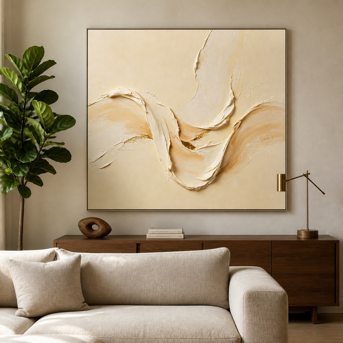 Square neutral textured wall art with flowing ivory and cream sculptural forms and gold accents displayed above a wooden dining table.