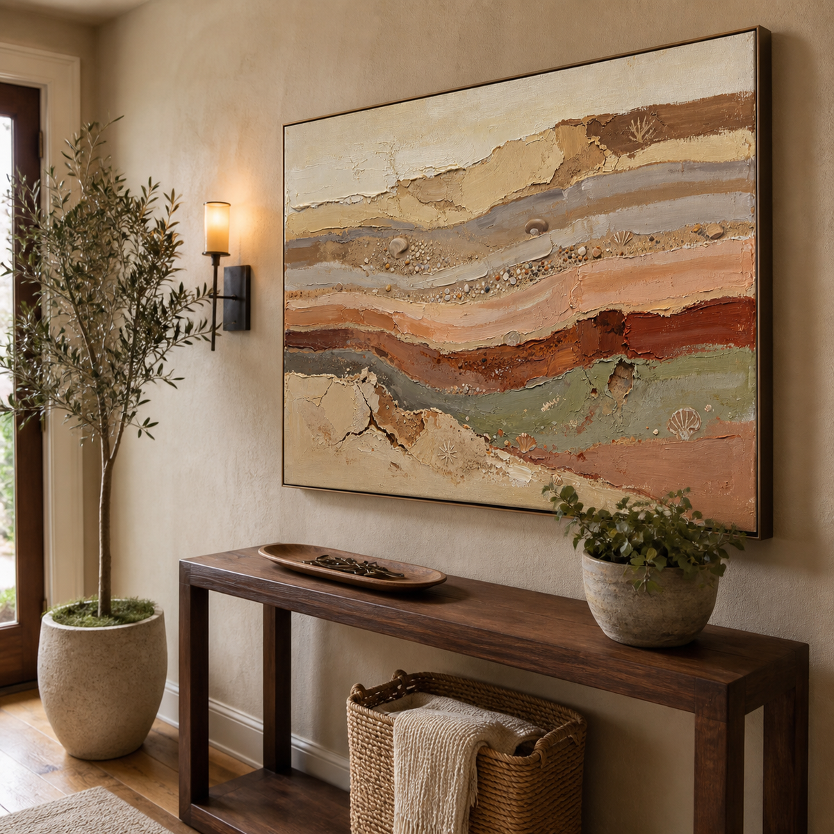 Neutral abstract coastal wall art with layered earth-tone textures, pebbles and seashell details displayed above a dining table.
