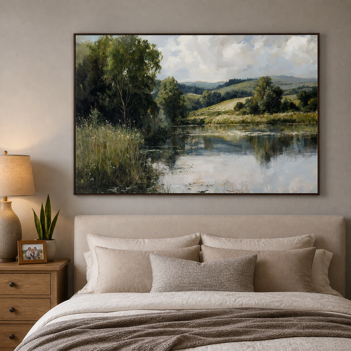 Countryside river landscape wall art with reflective water, green trees and rolling hills displayed above a neutral living room sofa.
