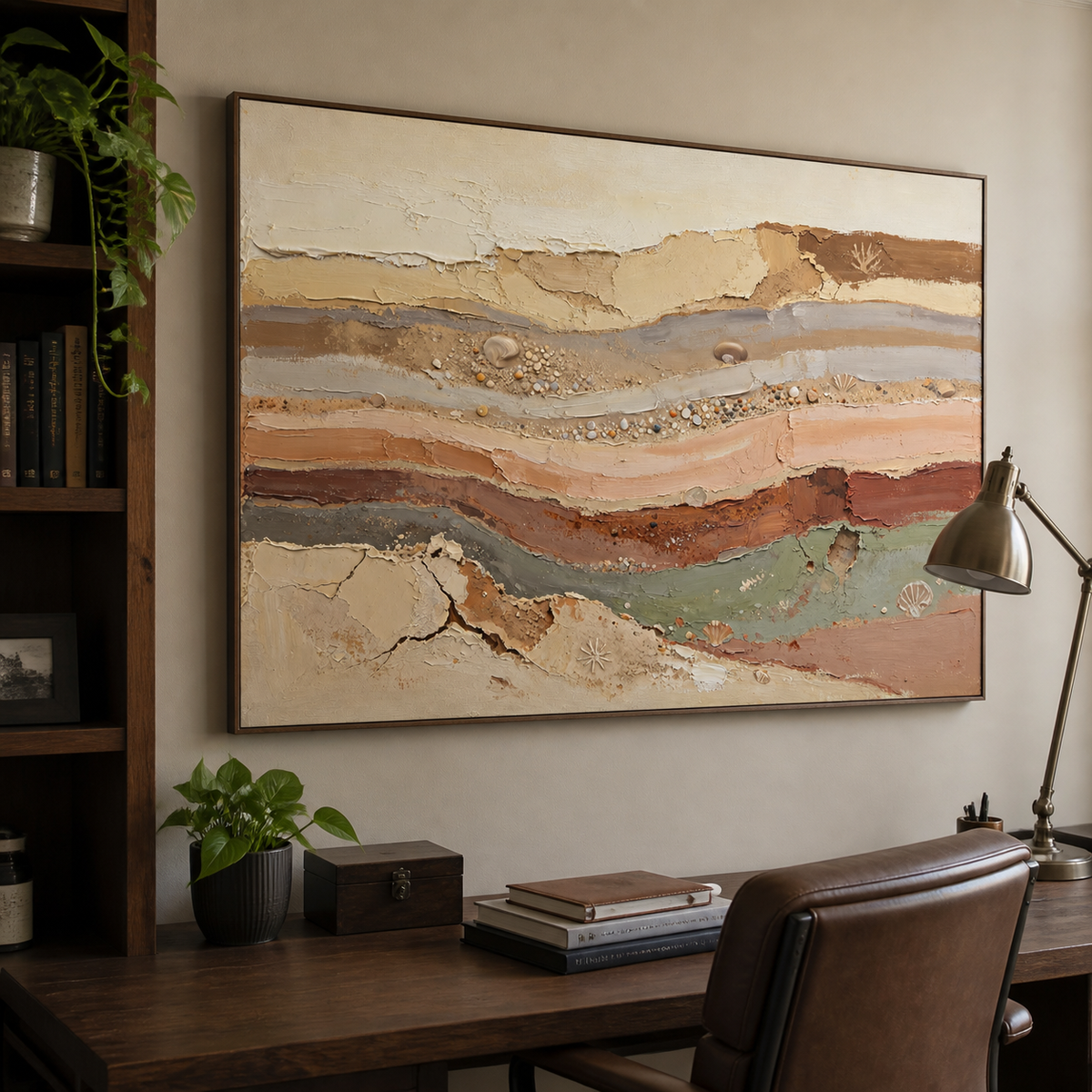 Neutral abstract coastal wall art with layered earth-tone textures, pebbles and seashell details displayed above a dining table.