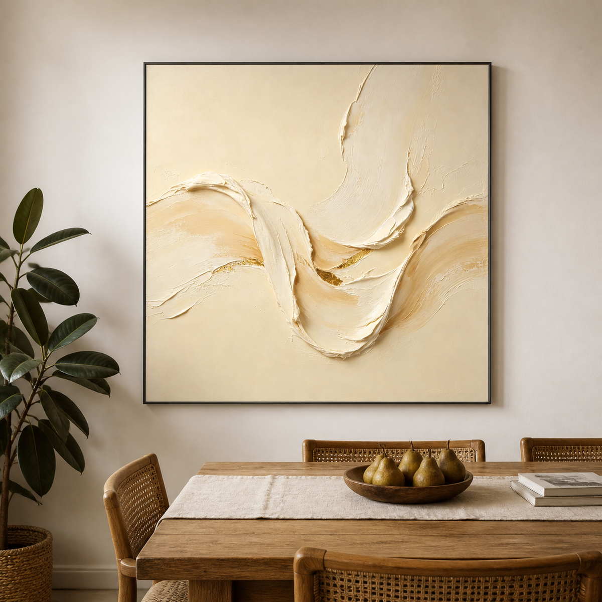 Square neutral textured wall art with flowing ivory and cream sculptural forms and gold accents displayed above a wooden dining table.