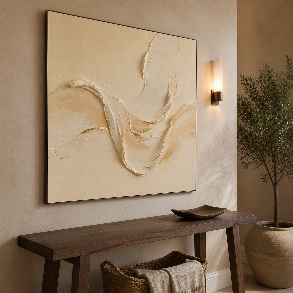 Square neutral textured wall art with flowing ivory and cream sculptural forms and gold accents displayed above a wooden dining table.