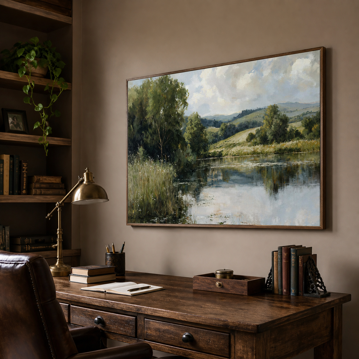 Countryside river landscape wall art with reflective water, green trees and rolling hills displayed above a neutral living room sofa.
