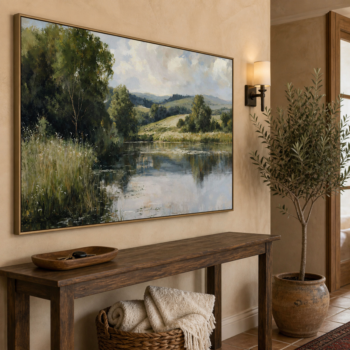 Countryside river landscape wall art with reflective water, green trees and rolling hills displayed above a neutral living room sofa.