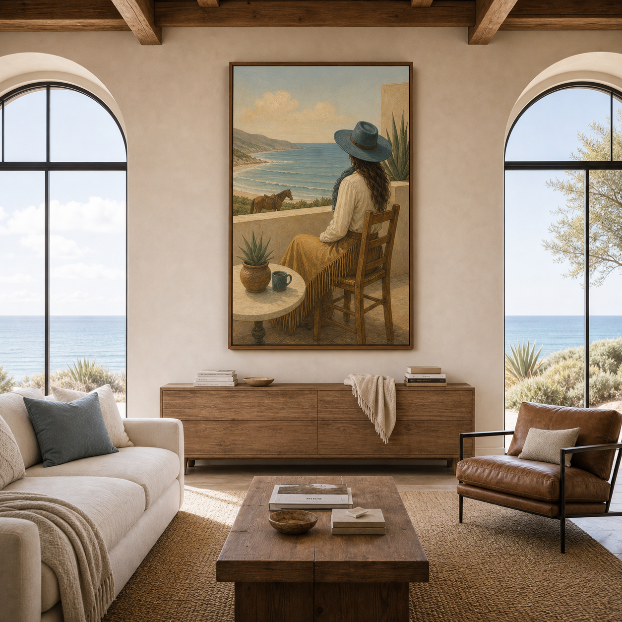 Hand-painted coastal cowgirl wall art featuring a woman overlooking the ocean with a horse in the distance, combining western charm with coastal home decor.