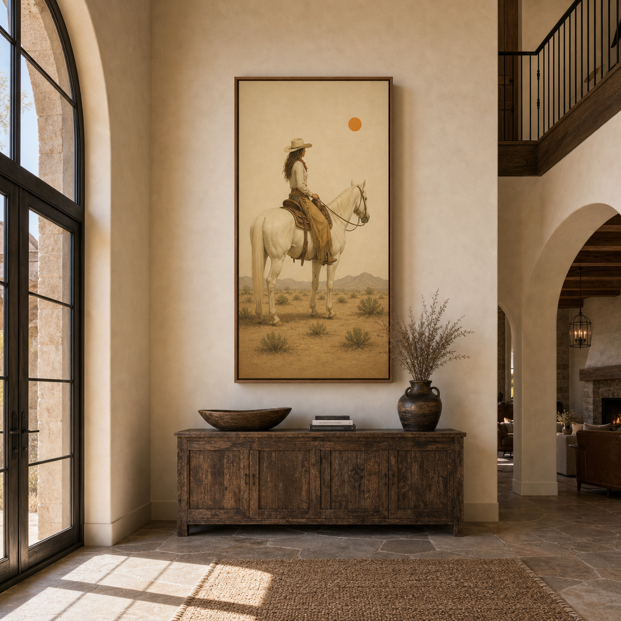 Hand-painted minimalist cowgirl on white horse wall art featuring a desert landscape and warm earth tones, perfect for western, ranch, farmhouse, and contemporary home decor.