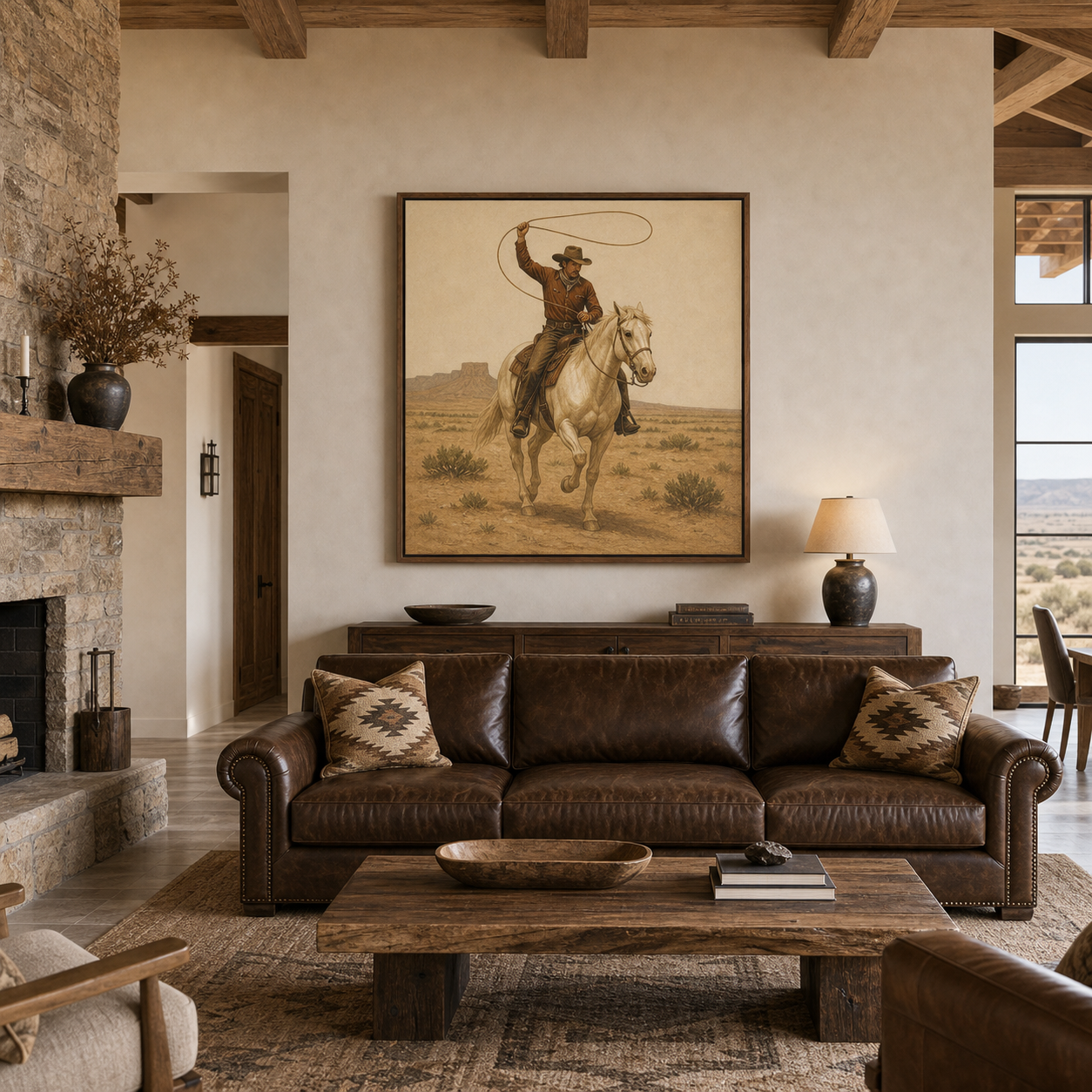 Hand-painted cowboy riding a white horse wall art featuring a western ranch scene with rich texture and neutral earth tones for farmhouse and ranch home decor.