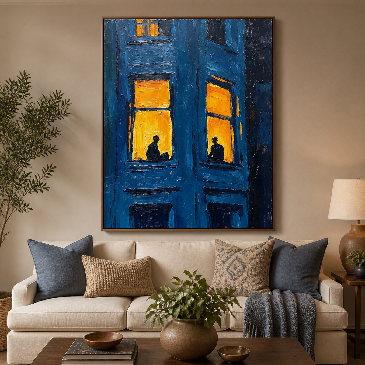 Moody blue window wall art with two silhouetted people in glowing yellow windows displayed above a sofa.