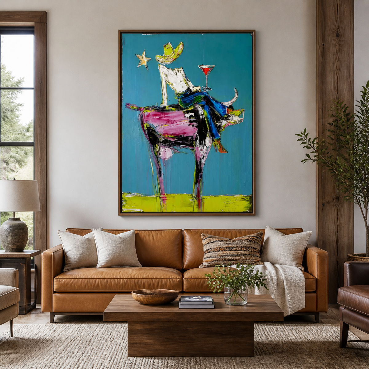Colorful cowboy riding bull wall art on a turquoise background displayed above a wooden entryway console.