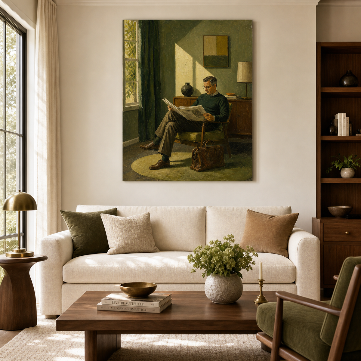 Man reading wall art featuring a bespectacled gentleman reading a newspaper in an armchair beside a brown leather briefcase.