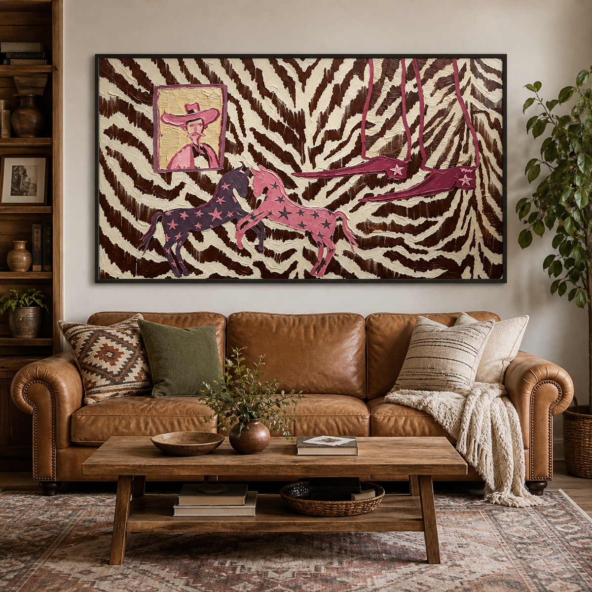 Panoramic pink horse wall art with two running horses on a brown zebra-print background displayed above a leather sofa.