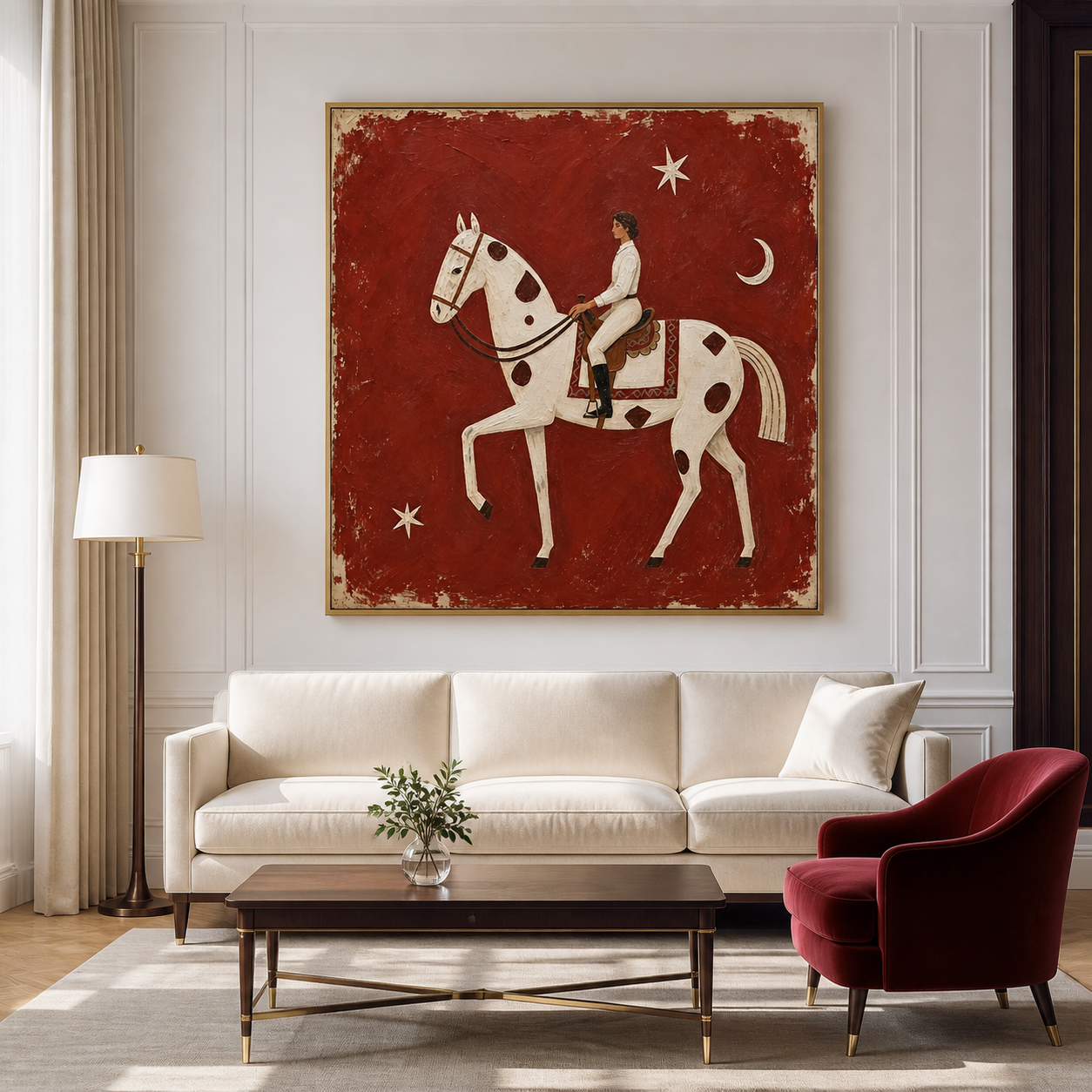 Vintage Americana white horse wall art featuring a rider on a spotted horse with a crescent moon and stars against a distressed red background.