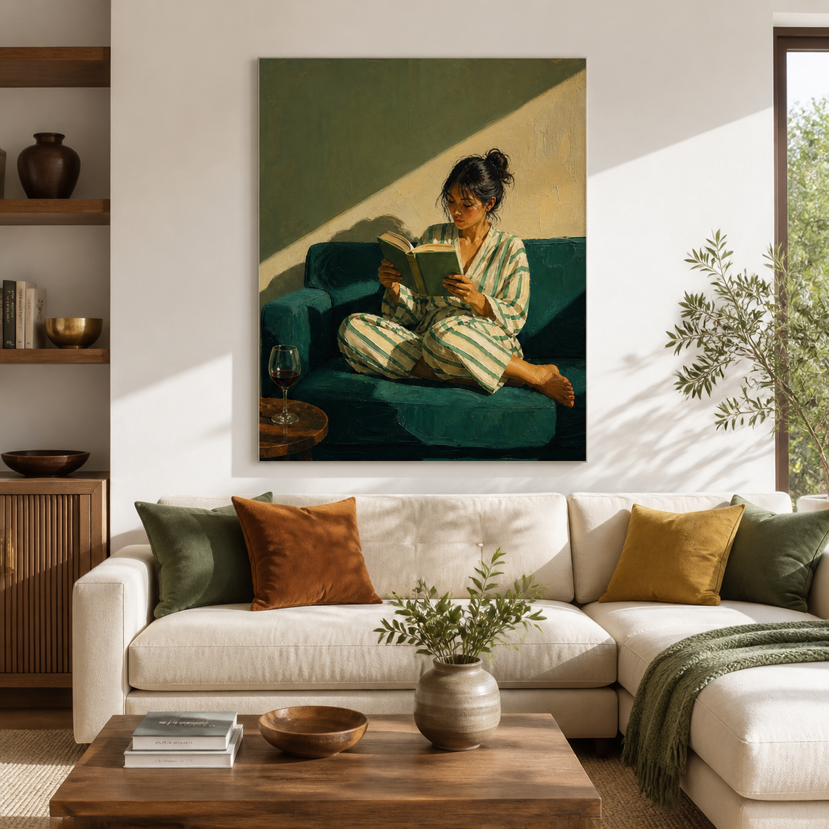 Woman reading wall art featuring a reader in striped pajamas sitting on a dark teal sofa with an open book and a glass of red wine.