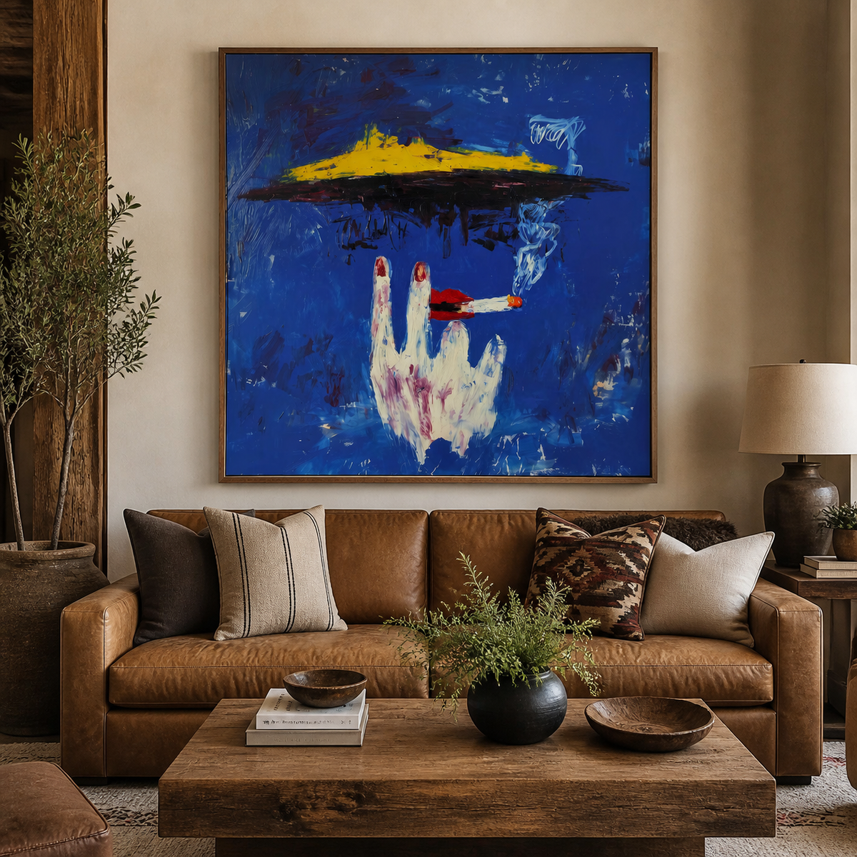 Square blue Western surreal wall art with a pale hand holding a cigarette beneath a yellow hat displayed above an entryway console.