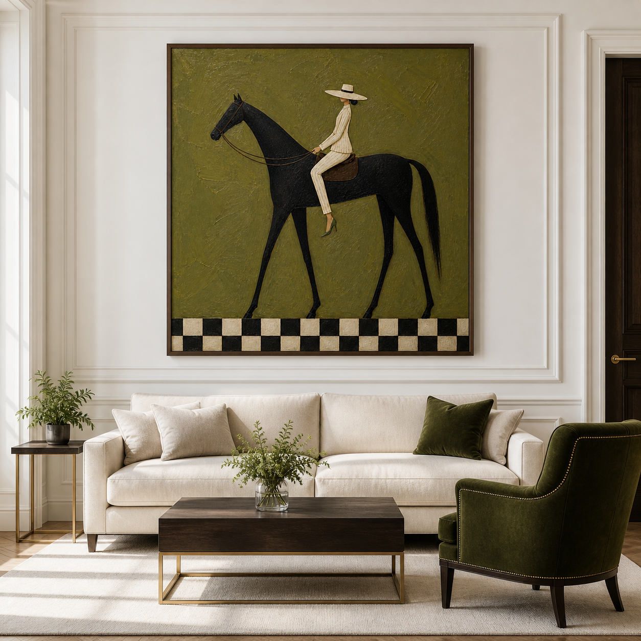 Vintage Americana horse wall art featuring a woman in a striped cream suit riding a black horse above a black-and-white checkerboard border.