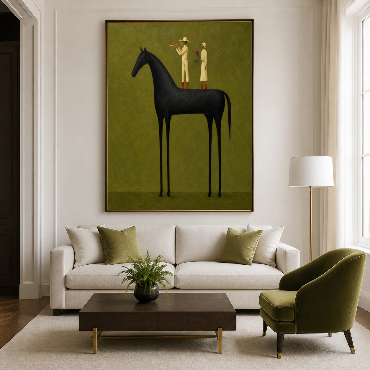 Vintage Americana black horse wall art featuring a trumpet player and a woman holding a red flower against an olive green background.