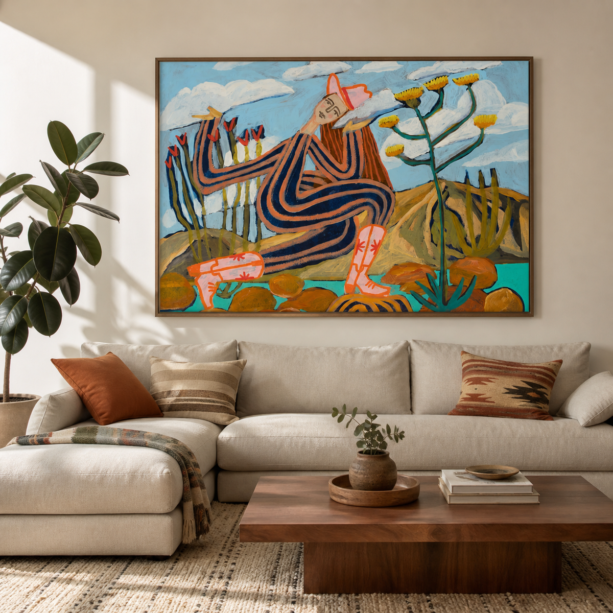 Colorful Southwestern figurative wall art with a seated striped figure, cactus plants and desert flowers above a sofa.