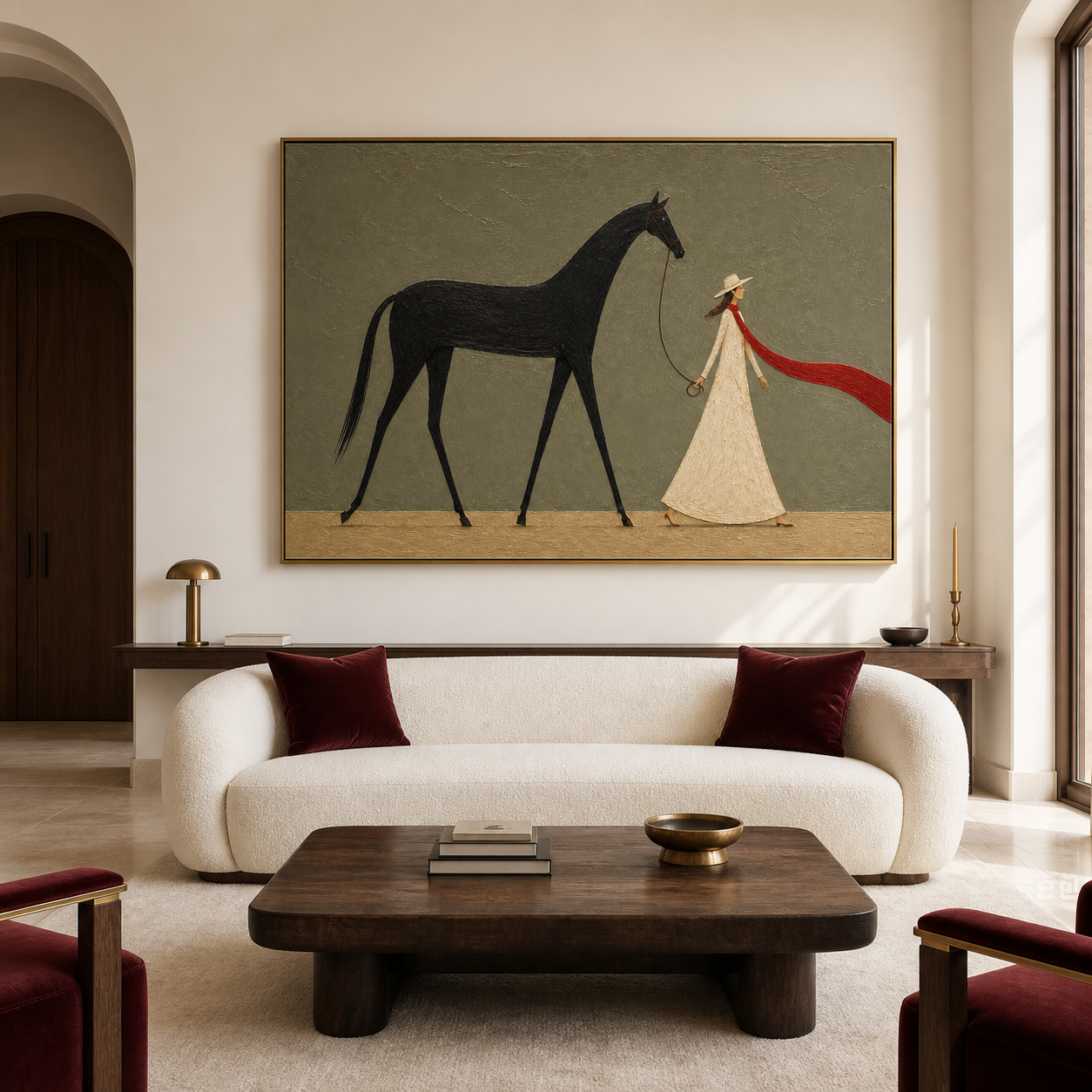 Vintage Americana woman and horse wall art featuring a woman in a cream dress walking a black horse with a long red scarf against a gray-green background.