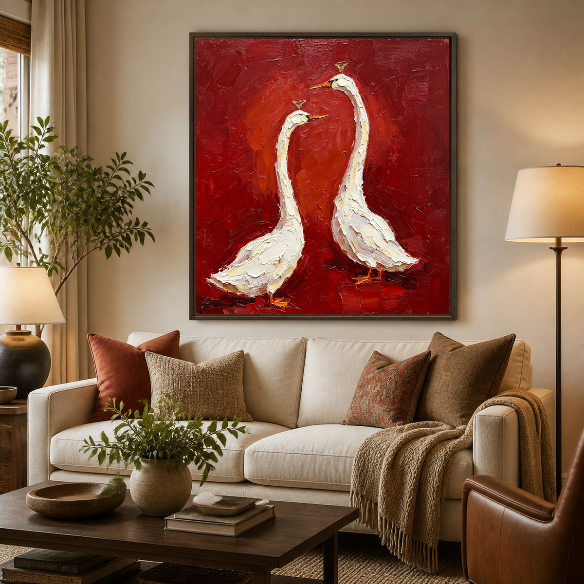 White goose wall art with two birds on a textured red background displayed above a neutral sofa.