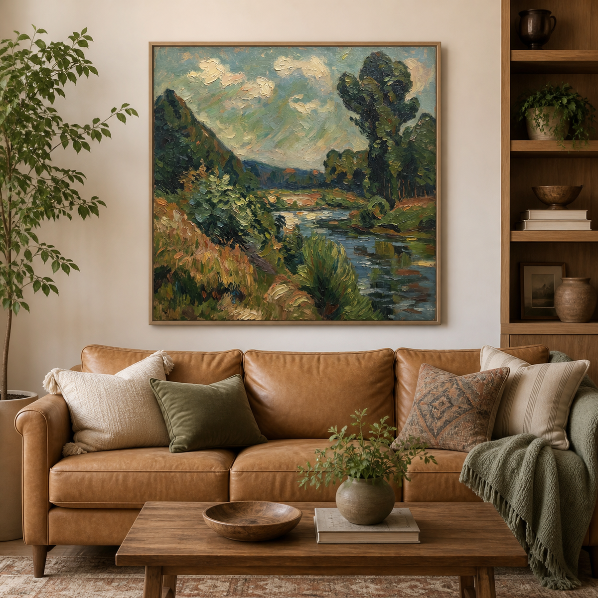 River landscape wall art with green trees, flowering banks and distant blue hills displayed above a leather sofa.