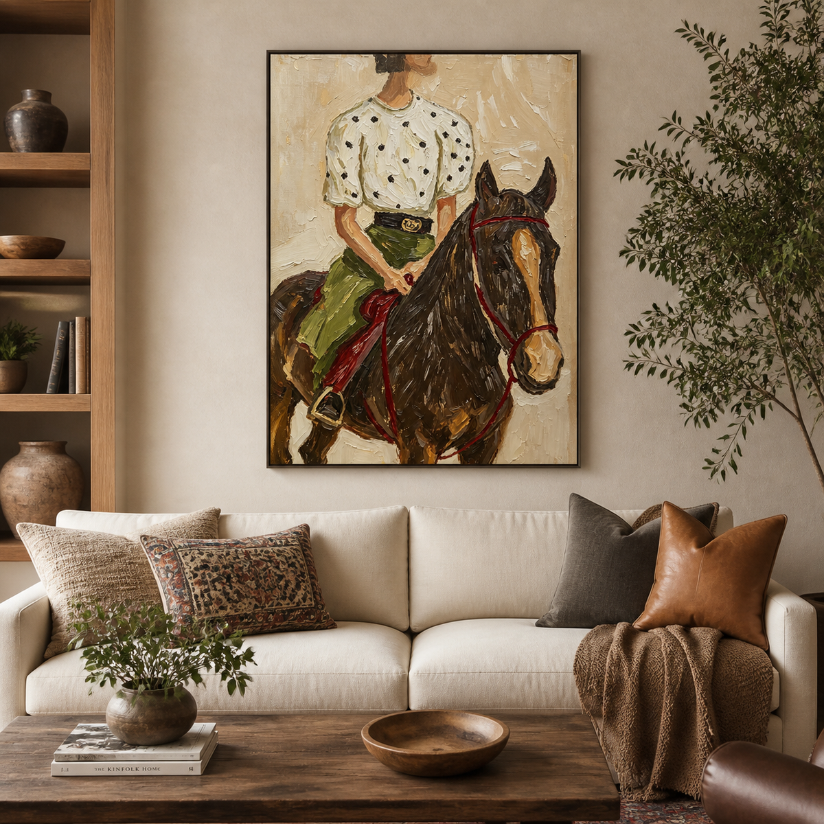 Cowgirl horse wall art with a woman riding a dark brown horse displayed above a neutral sofa.