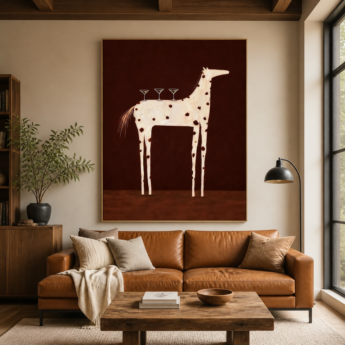 White spotted horse wall art with three cocktail glasses displayed above a wooden entryway console.
