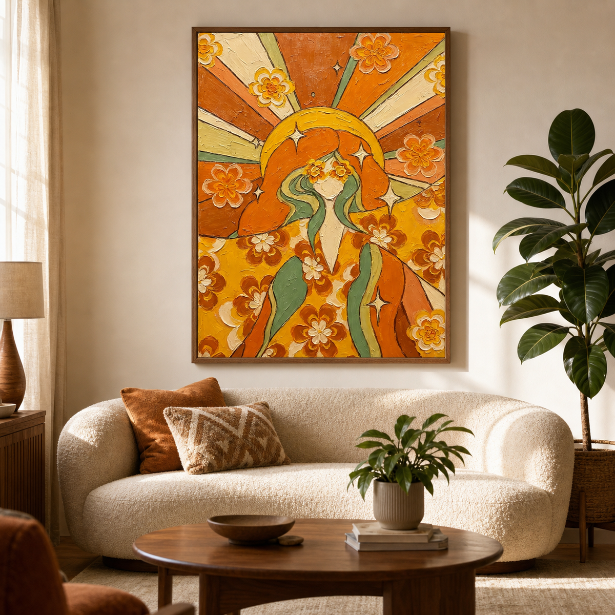 Retro woman wall art with orange sunburst rays, cream flowers and flowing green hair displayed above a curved sofa.