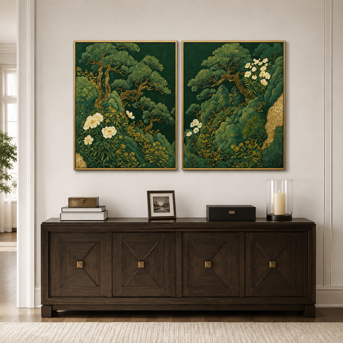 Green Botanical Wall Art Set | Emerald Garden Diptych