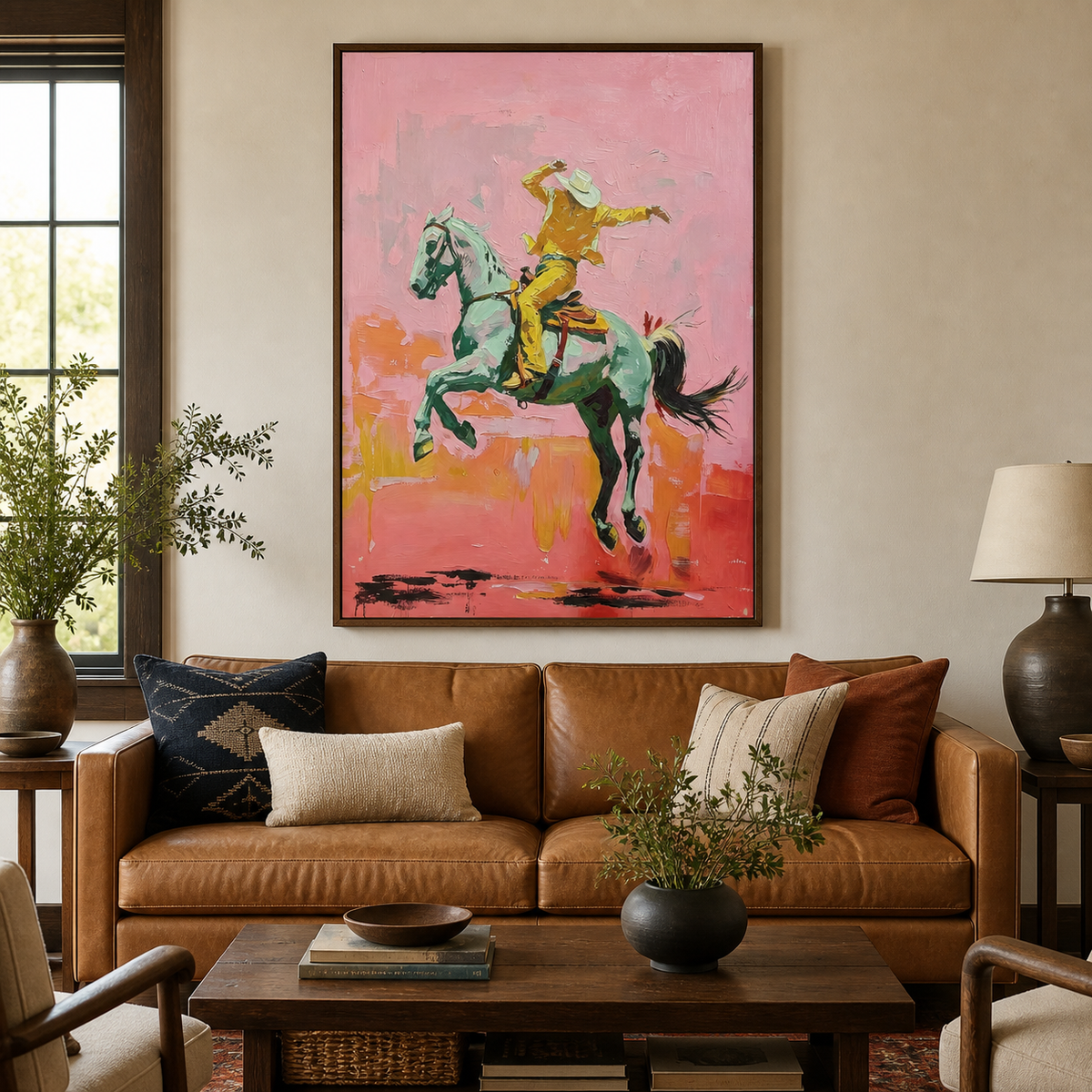 Cowboy riding a rearing green horse on vivid pink Western wall art above a leather sofa