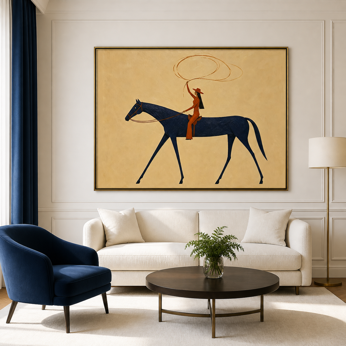 Vintage Americana cowgirl wall art featuring a Western rider swinging a lasso while riding a navy blue horse against a textured cream background.