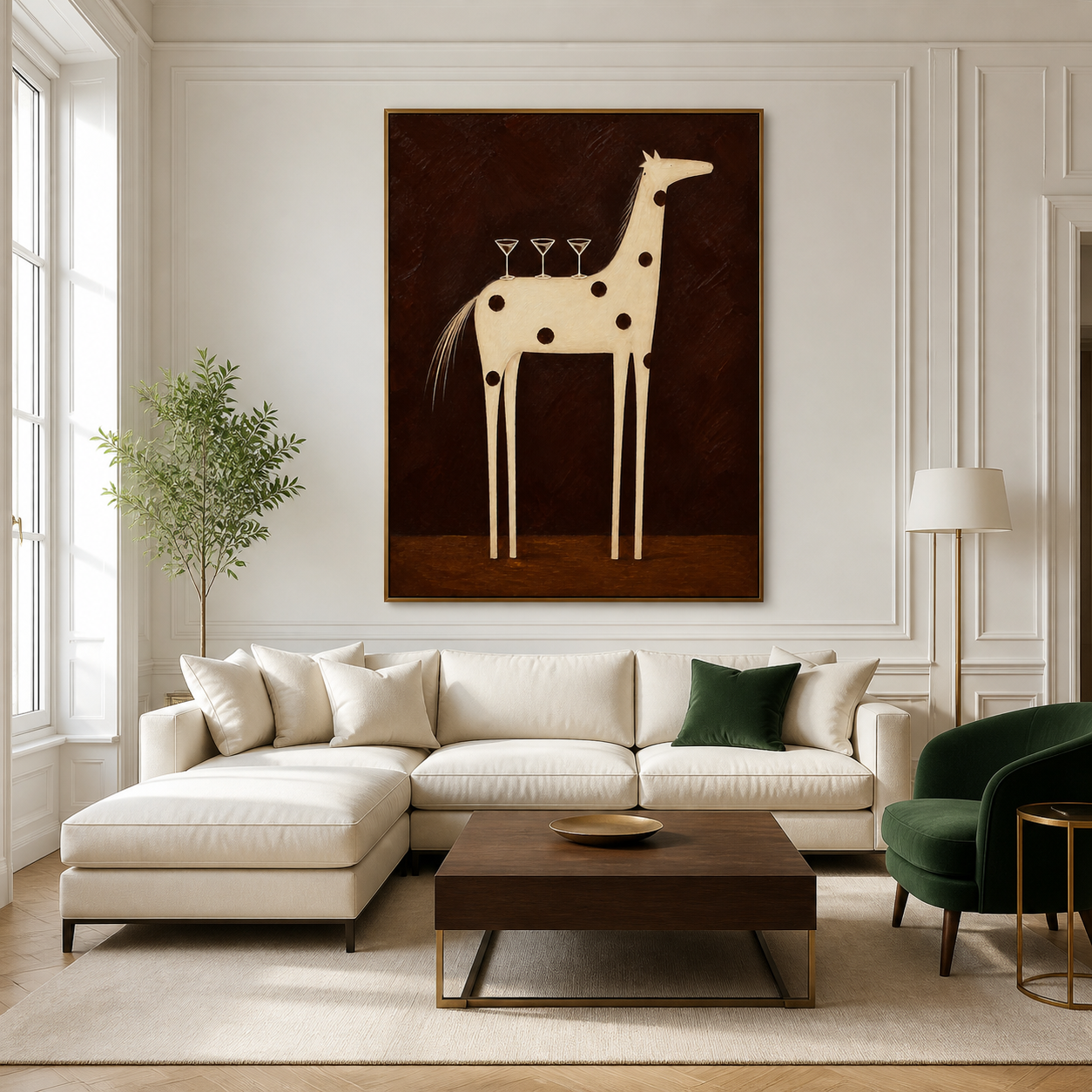 Vintage Americana bar wall art featuring a tall cream spotted horse balancing three cocktail glasses against a dark brown background.
