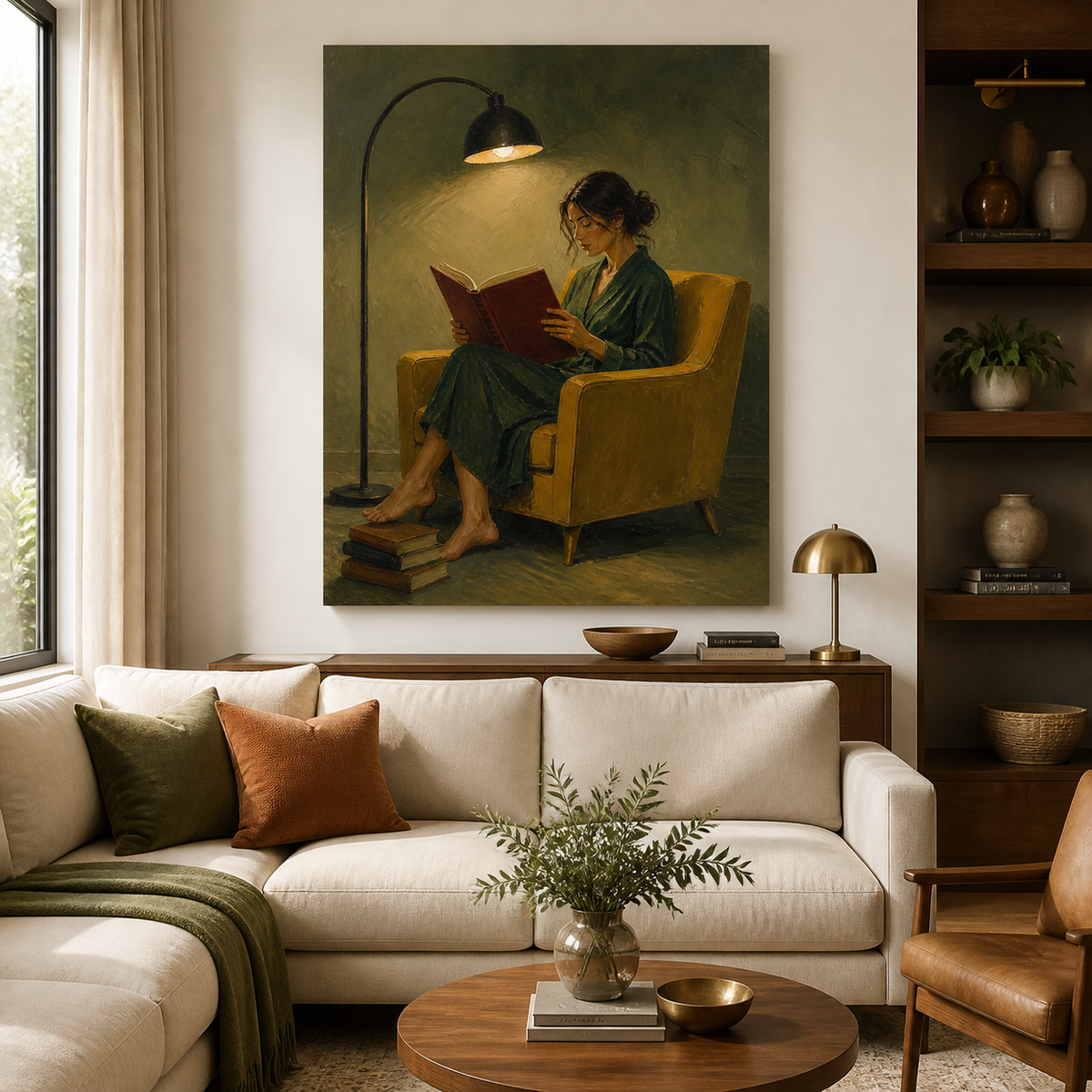 Woman reading wall art featuring a reader in a green dress seated in a mustard yellow armchair beneath a curved floor lamp.