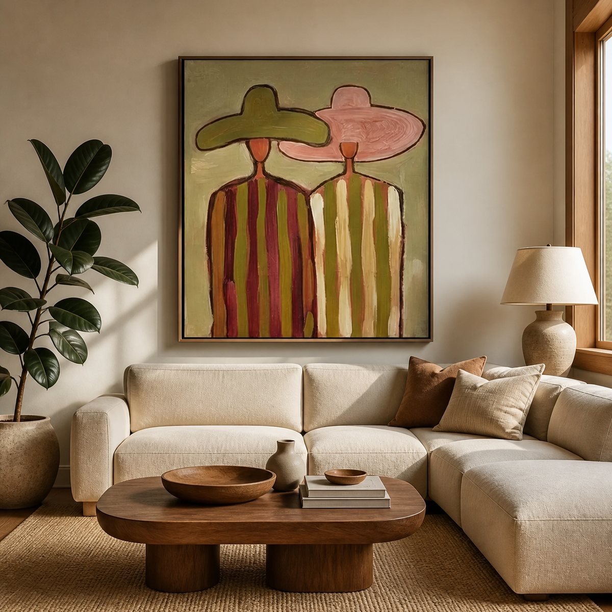 Western wall art of two cowboys in olive and pink hats with striped clothing displayed above a neutral living room sofa.