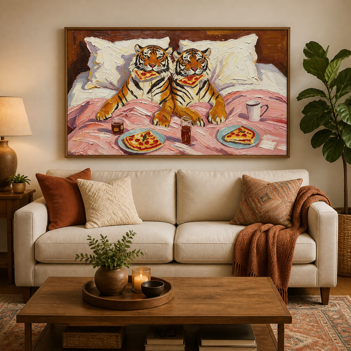 Funny tiger wall art showing two tigers in bed with pizza and drinks displayed above a neutral sofa.