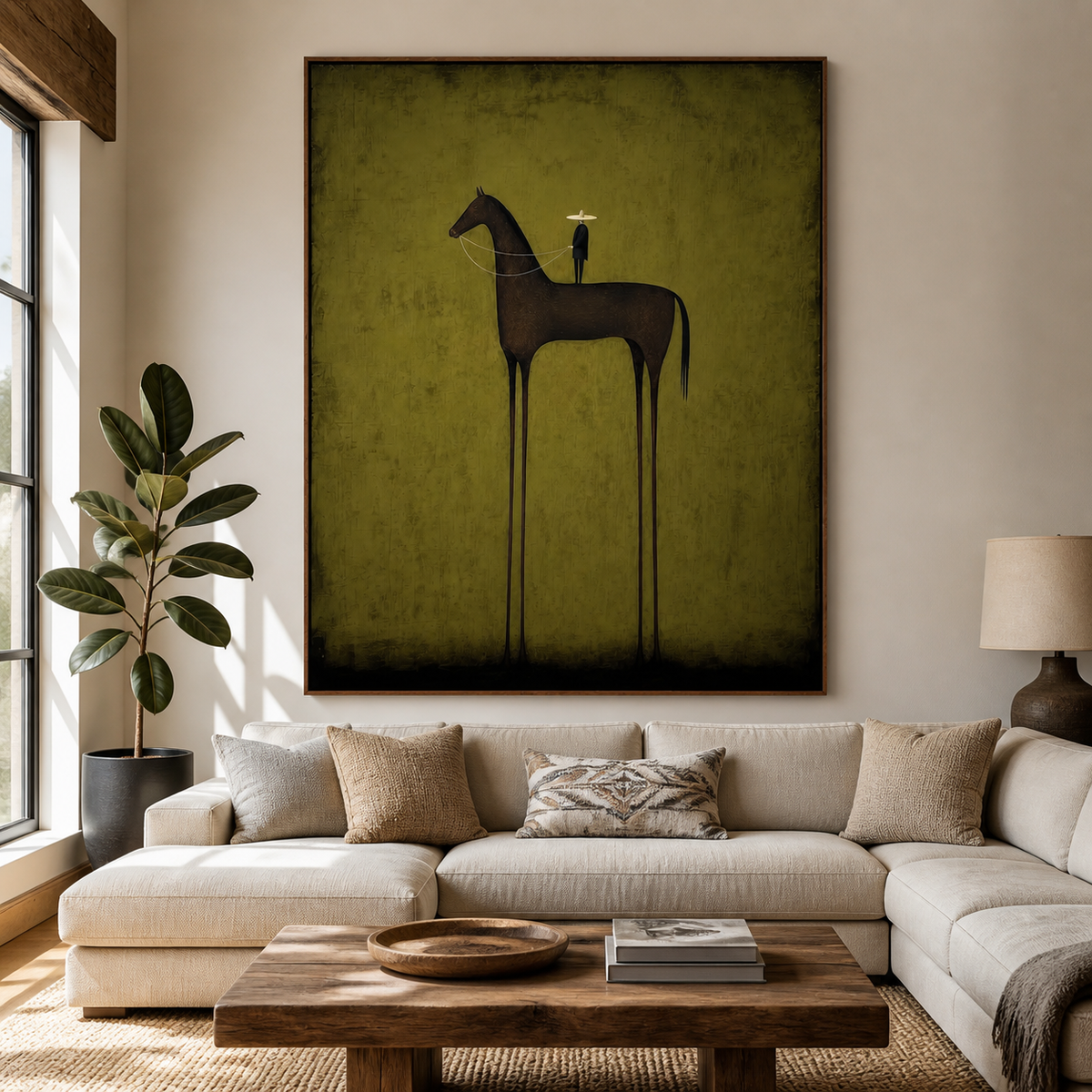 Vertical black horse wall art with a small cowboy figure on an olive-green background displayed above a sofa.