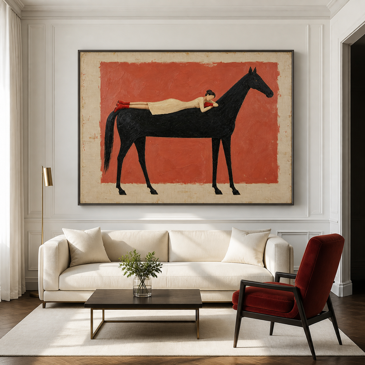 Vintage Americana woman and horse wall art featuring a woman in a cream dress and red boots resting on a black horse against a coral background.