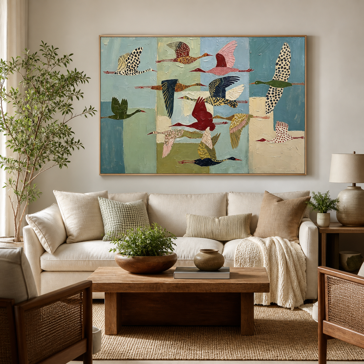 Colorful flying birds wall art with a patterned flock crossing a blue and green background displayed above a sofa.