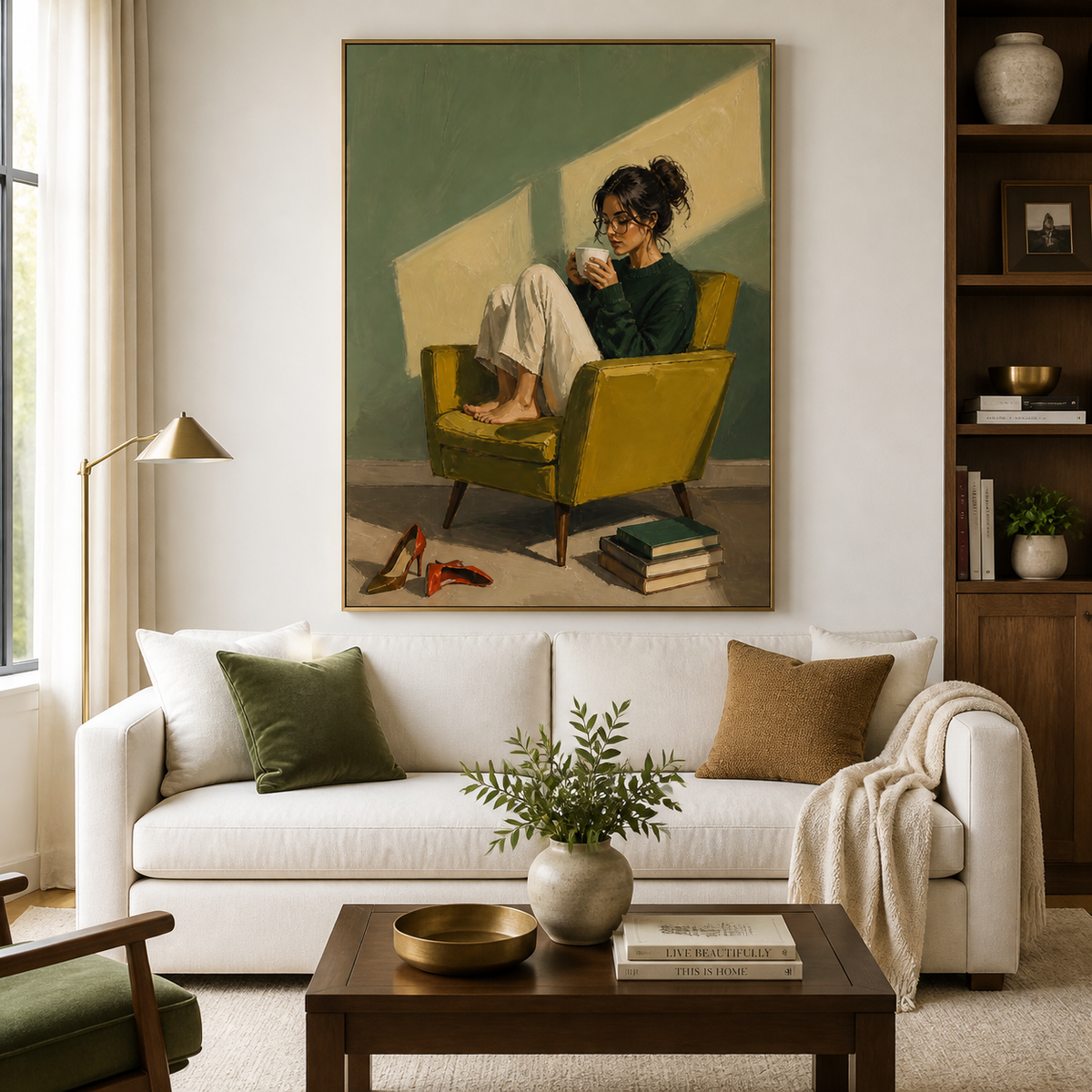 Woman drinking coffee wall art featuring a barefoot figure in glasses curled up in a mustard yellow chair beside red heels and stacked books.