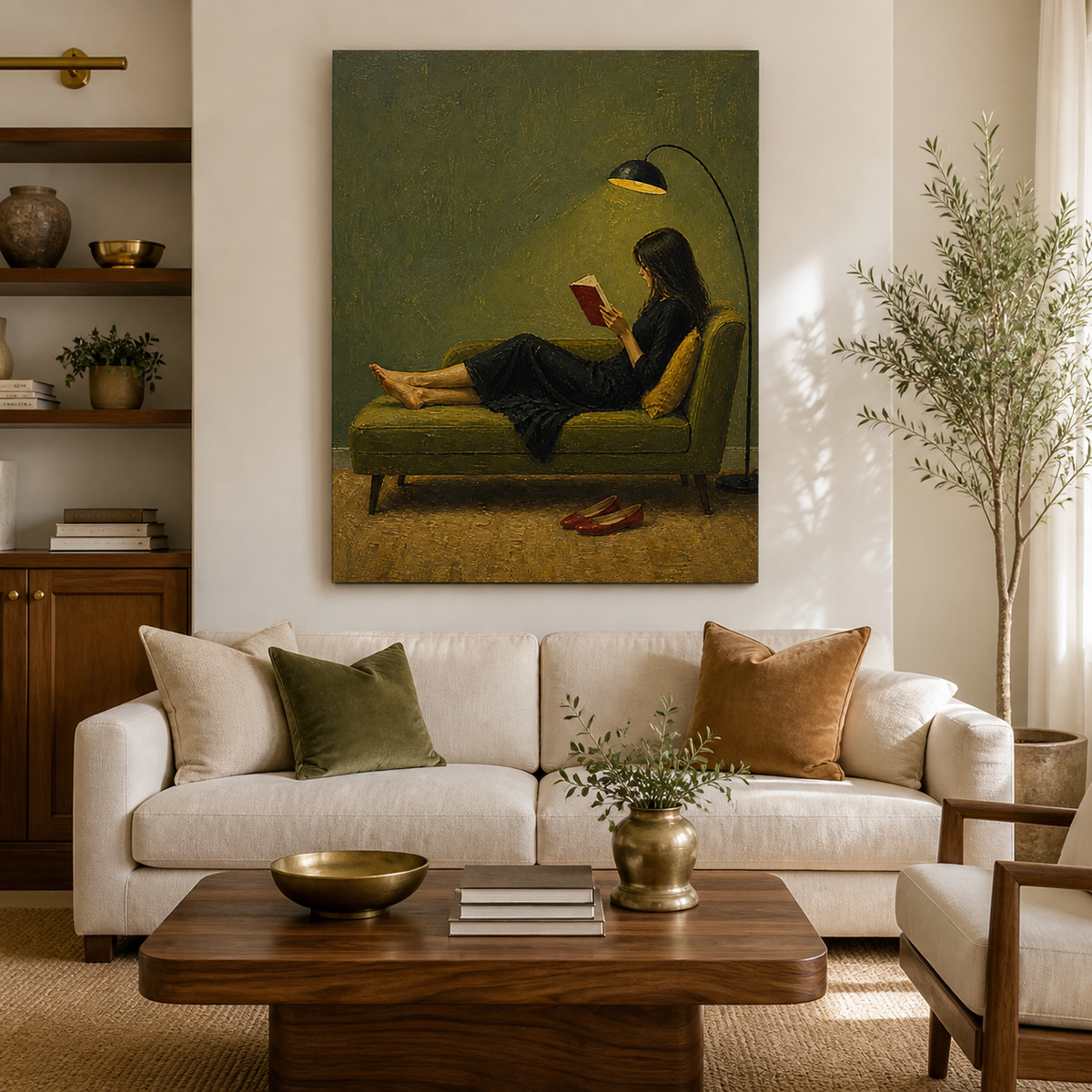 Woman reading wall art featuring a barefoot reader in a black dress reclining on an olive green chaise with a red book.