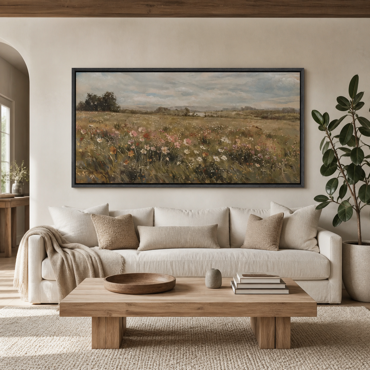 Panoramic neutral wildflower meadow wall art with muted pink and white flowers beneath a cloudy sky, displayed above a living room sofa.