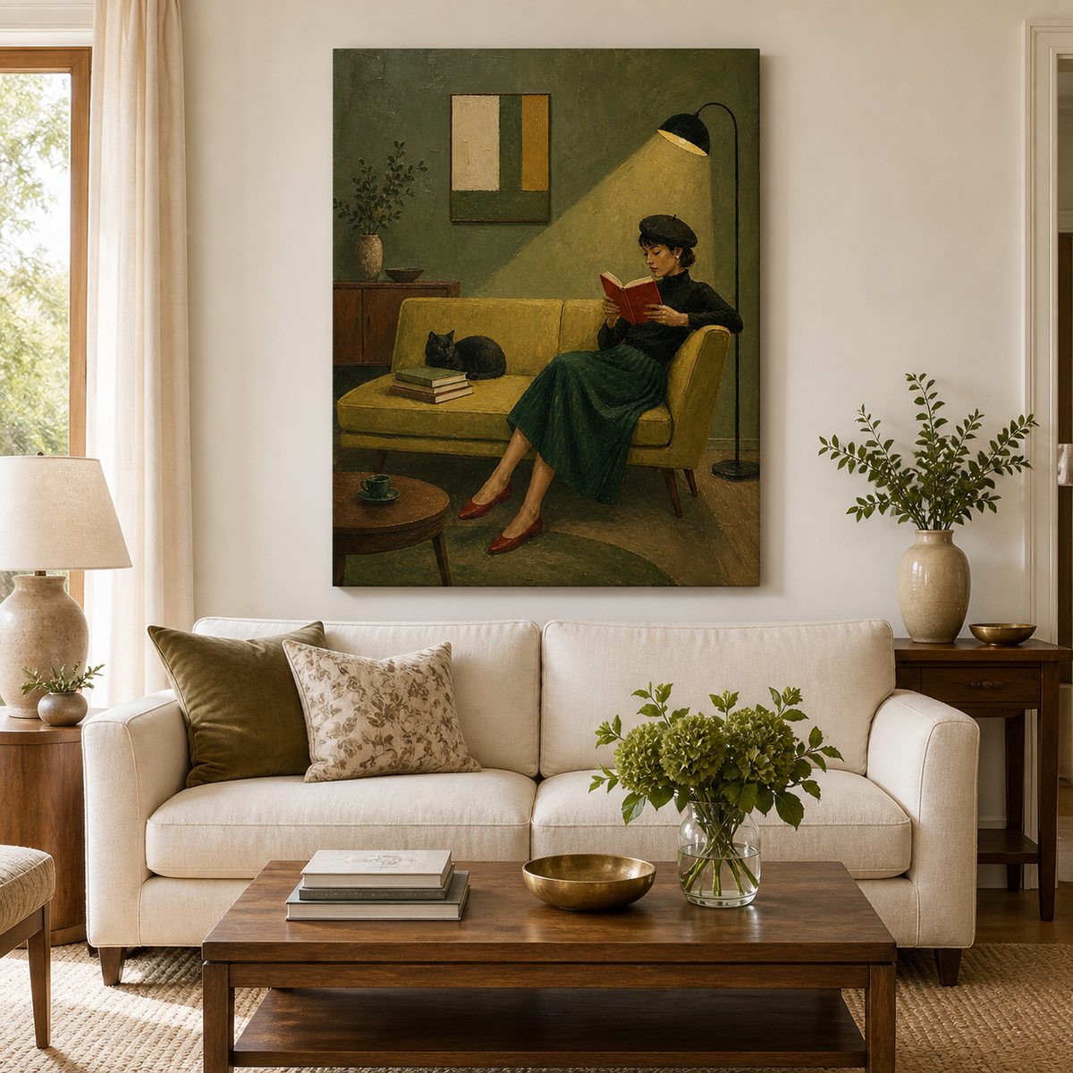 Woman reading with cat wall art featuring a reader holding a red book on a mustard yellow sofa beside a black cat and stacked books.