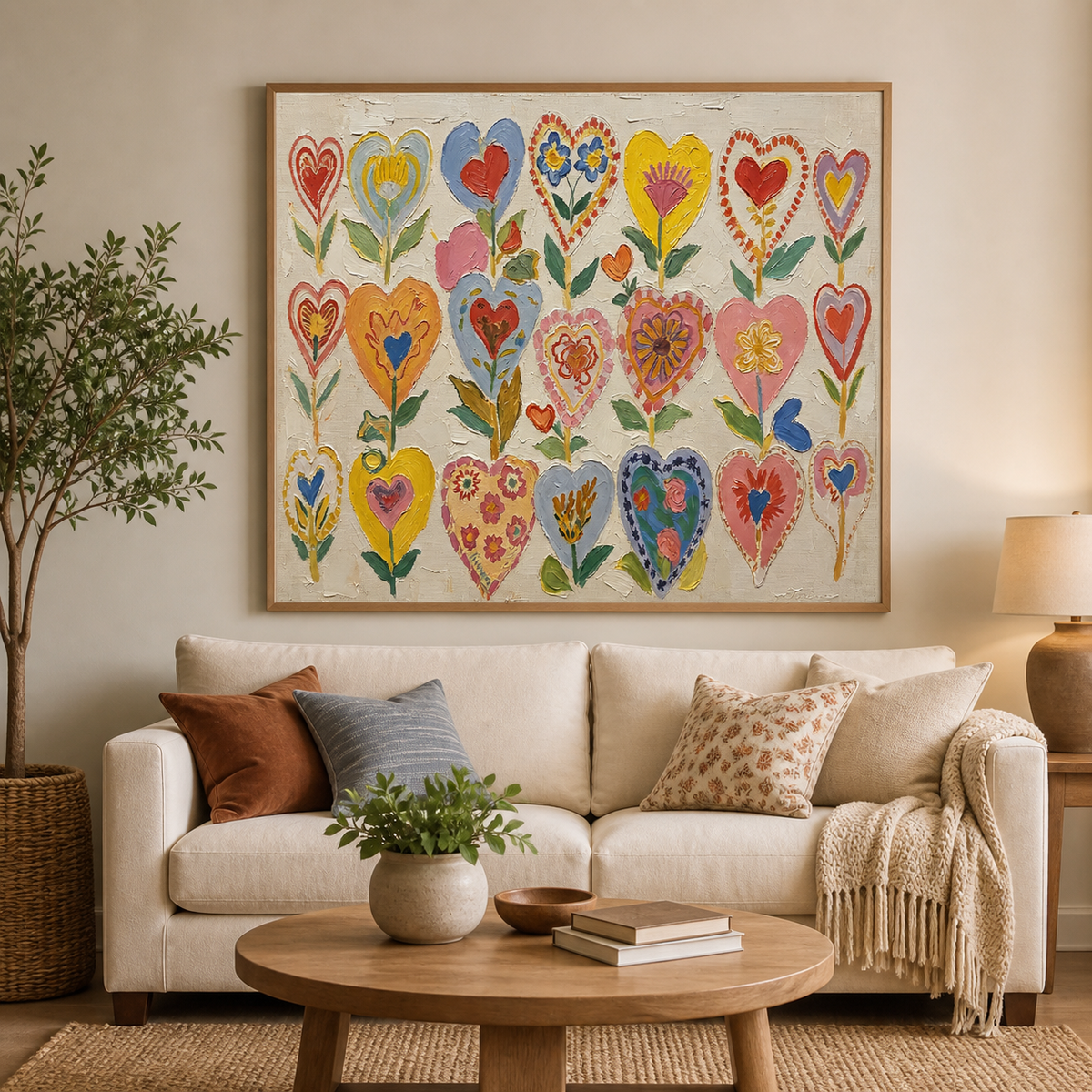 Colorful heart flower wall art with whimsical red, blue, yellow and pink blossoms displayed above a neutral sofa.