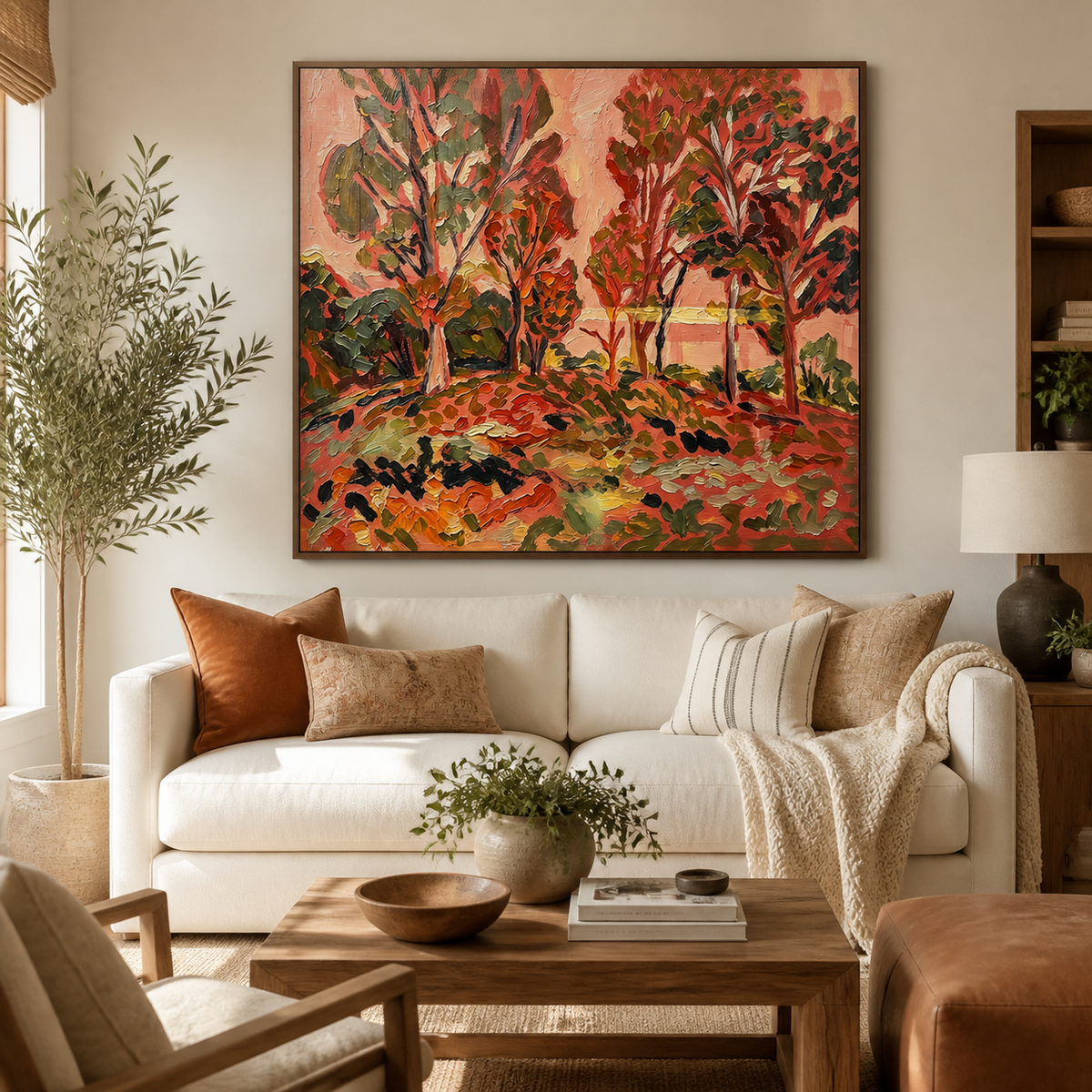 Red forest wall art with colorful autumn trees and warm orange ground displayed above a neutral sofa.