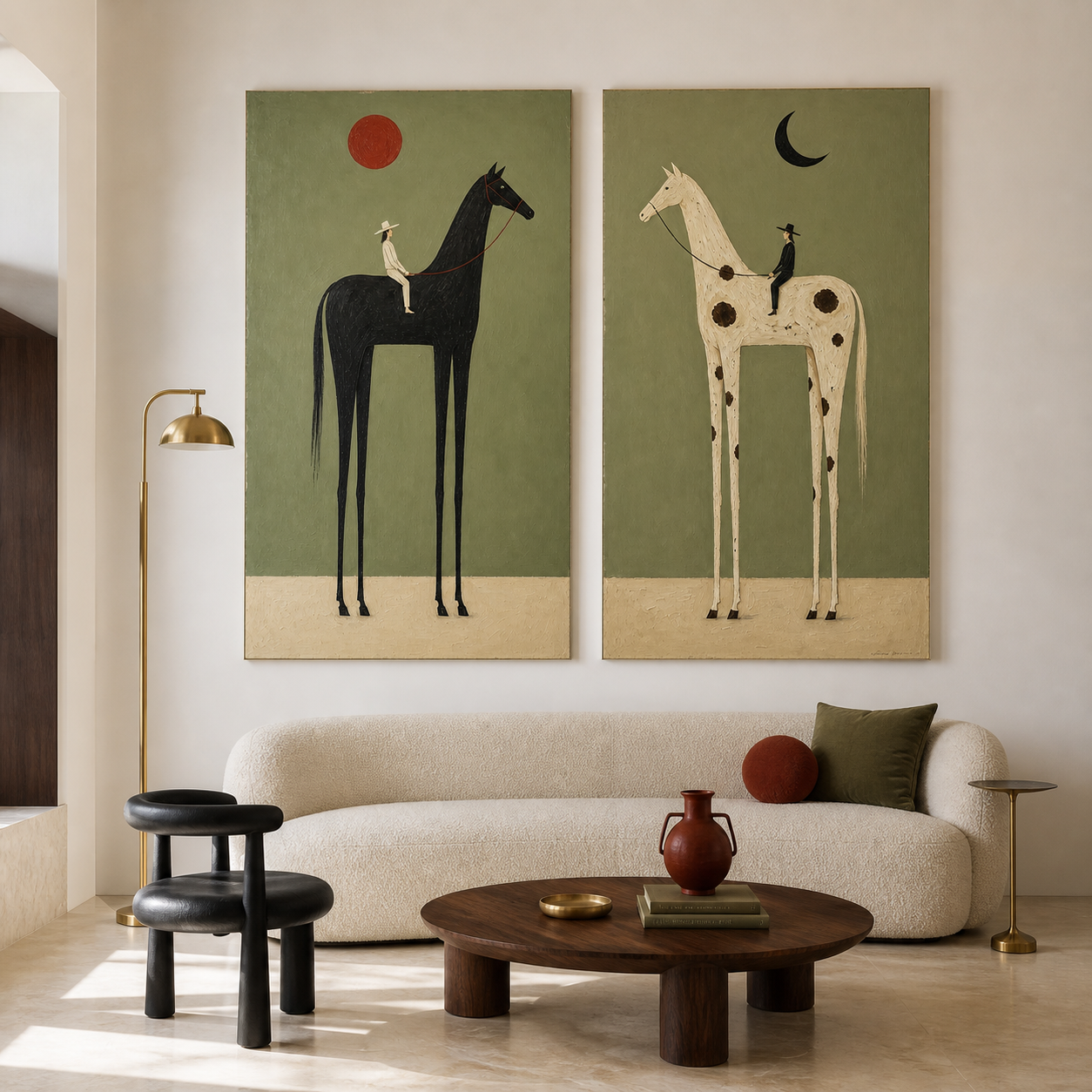 Vintage Americana horse wall art set of two featuring riders on black and white horses beneath a red sun and black crescent moon.