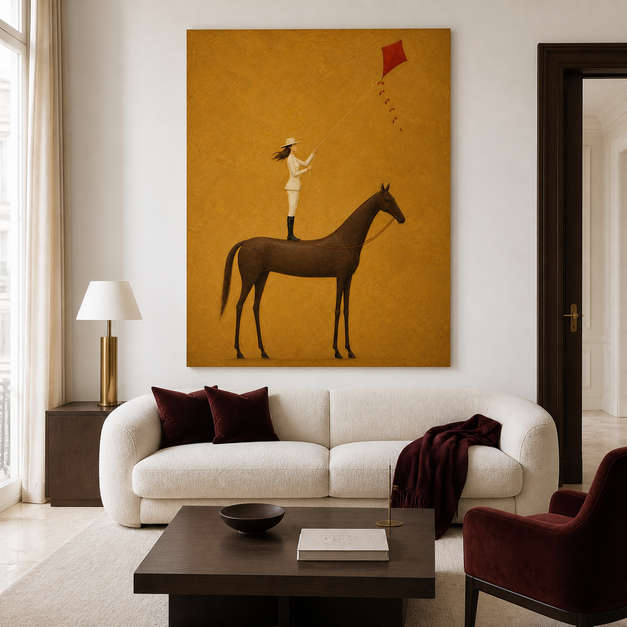 Vintage Americana horse wall art featuring a woman standing on a brown horse and flying a red kite against a textured mustard yellow background.