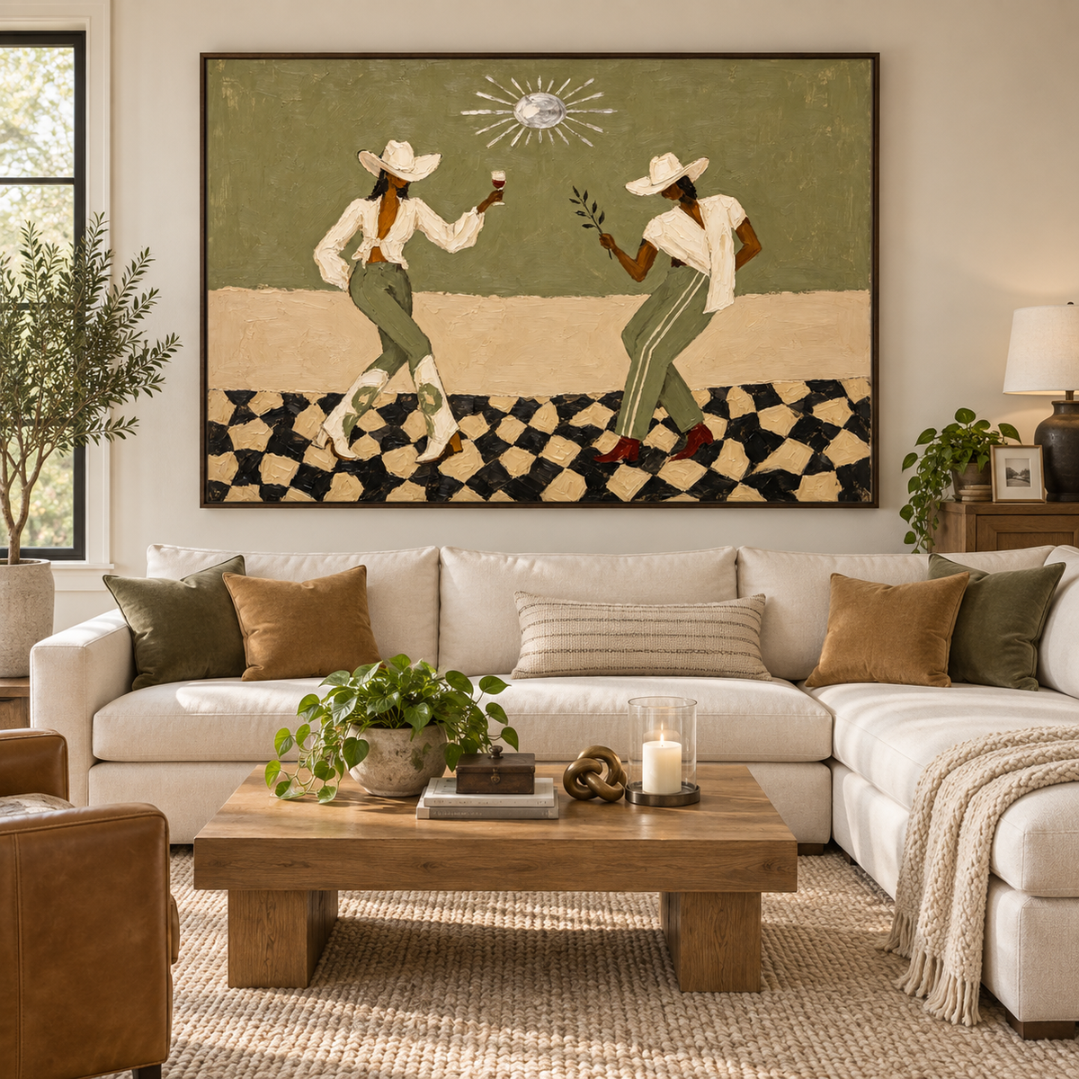 Two cowgirls in white hats and sage-green pants dancing with a wine glass and leafy branch on a checkerboard floor.