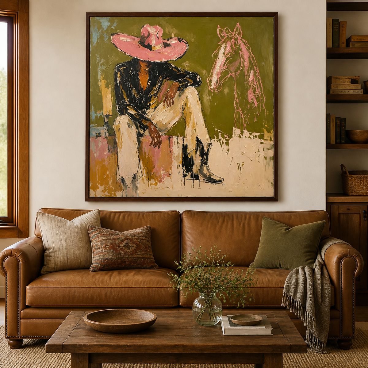 Square Western wall art featuring a seated cowboy in a pink hat beside a horse on an olive green background above a dark wood dining-room cabinet