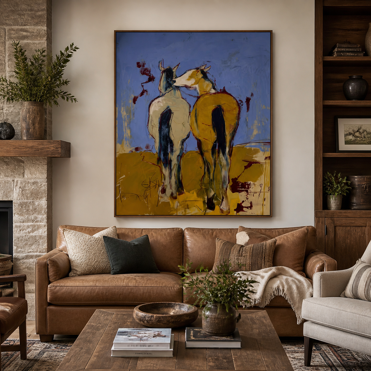 Two horses wall art showing a cream-gray horse and chestnut horse standing together above an entryway console.